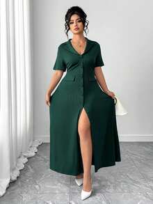 Elenzga Plus Size Women's Elegant Dark Green Autumn Dress,Commuter Lapel Neck Button Decor A-Line Back Tie Short Sleeve Dinner Formal Wear - Dark Green - View 3