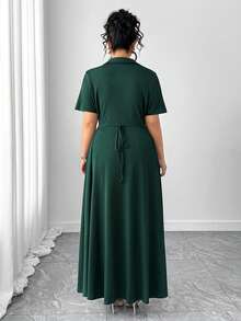 Elenzga Plus Size Women's Elegant Dark Green Autumn Dress,Commuter Lapel Neck Button Decor A-Line Back Tie Short Sleeve Dinner Formal Wear - Dark Green - View 2