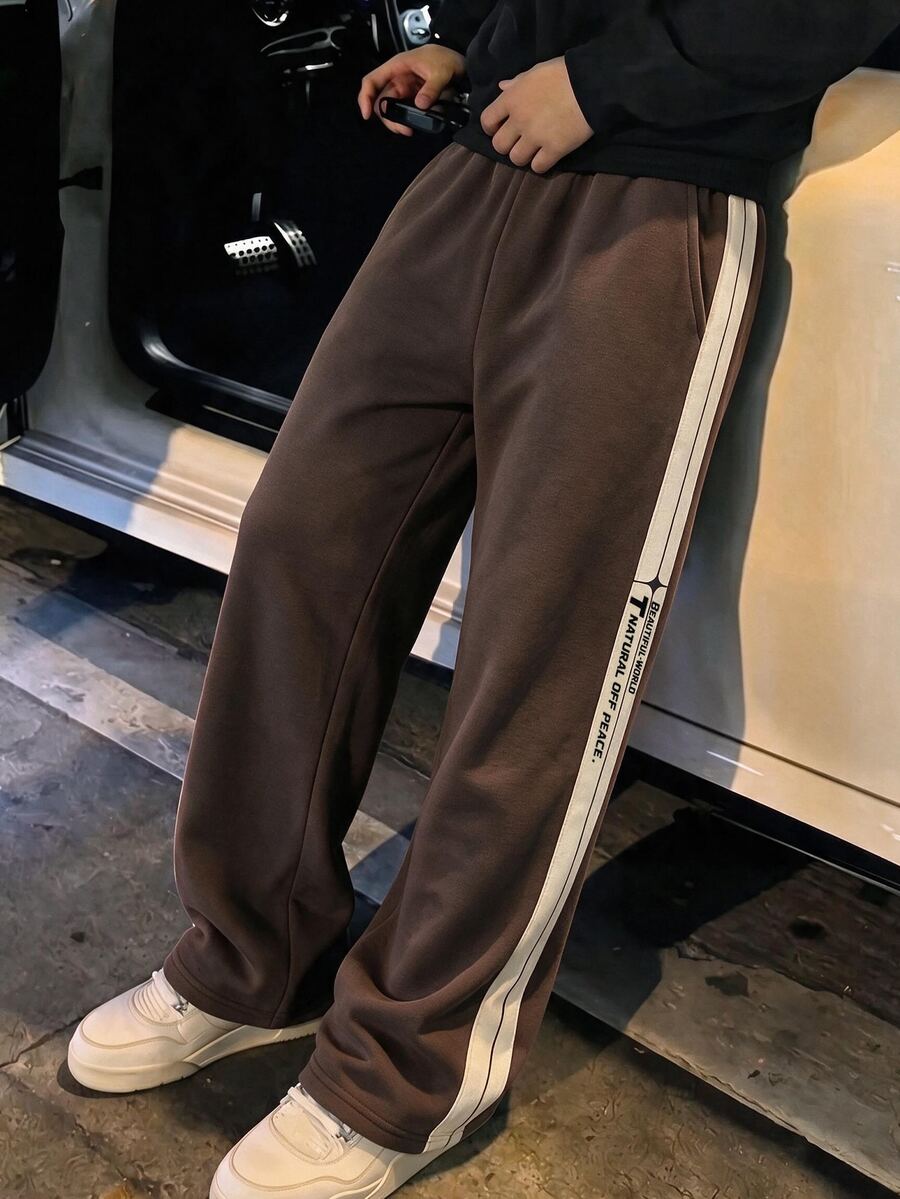 Tween Boy Elastic Waist Colorblock Side Letter Print Dual Pocket Casual Wide Leg Pants - Multicolor - View 1