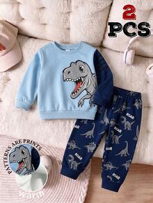 Young Boys Dinosaur T-Rex Graphic Crewneck Sweatshirt And Allover Print Sweatpants 2 Pieces Outfit Set - Multicolor - View 3