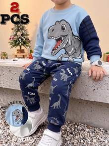 Young Boys Dinosaur T-Rex Graphic Crewneck Sweatshirt And Allover Print Sweatpants 2 Pieces Outfit Set - Multicolor - View 1