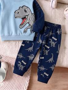 Young Boys Dinosaur T-Rex Graphic Crewneck Sweatshirt And Allover Print Sweatpants 2 Pieces Outfit Set - Multicolor - View 5