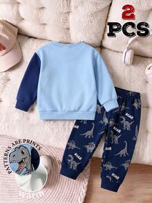 Young Boys Dinosaur T-Rex Graphic Crewneck Sweatshirt And Allover Print Sweatpants 2 Pieces Outfit Set - Multicolor - View 2