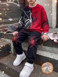 青少年男孩休閒舒適蜘蛛圖案抓絨運動衫長褲套裝，秋季新款時尚男孩套裝，聖誕生日禮物 - 彩色 - 查看 1