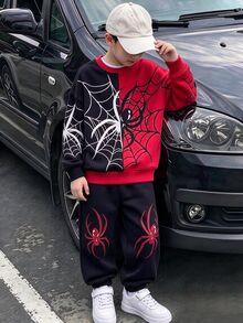 青少年男孩休閒舒適蜘蛛圖案抓絨運動衫長褲套裝，秋季新款時尚男孩套裝，聖誕生日禮物 - 彩色 - 查看 4