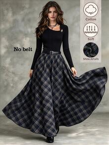 Elenzga New Women's Asymmetrical Shoulder Long Sleeve Ribbed Brushed Decorative Button Patchwork Plaid Asymmetric A-Line Skirt Design Elegant Versatile Fashion Daily Party Commute Long Dress - Multicolor - View 4