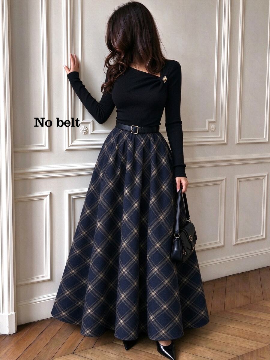 Elenzga New Women's Asymmetrical Shoulder Long Sleeve Ribbed Brushed Decorative Button Patchwork Plaid Asymmetric A-Line Skirt Design Elegant Versatile Fashion Daily Party Commute Long Dress - Multicolor - View 1
