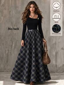 Elenzga New Women's Asymmetrical Shoulder Long Sleeve Ribbed Brushed Decorative Button Patchwork Plaid Asymmetric A-Line Skirt Design Elegant Versatile Fashion Daily Party Commute Long Dress - Multicolor - View 5