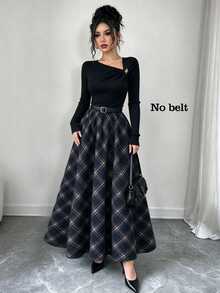 Elenzga New Women's Asymmetrical Shoulder Long Sleeve Ribbed Brushed Decorative Button Patchwork Plaid Asymmetric A-Line Skirt Design Elegant Versatile Fashion Daily Party Commute Long Dress - Multicolor - View 3