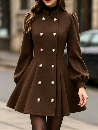 Fine & Folde Vestido corto elegante de mujer con cuello alto, cintura ceñida, línea A, doble botonadura, manga larga, tela cepillada marrón oscuro, estilo retro, para oficina, fiesta de té, otoño