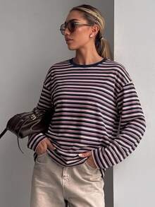 DAZY Women's Casual Striped Loose Fit Long Sleeve Round Neck T-Shirt, Autumn Y2k - Navy Blue - View 3