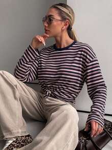 DAZY Women's Casual Striped Loose Fit Long Sleeve Round Neck T-Shirt, Autumn Y2k - Navy Blue - View 8