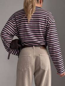 DAZY Women's Casual Striped Loose Fit Long Sleeve Round Neck T-Shirt, Autumn Y2k - Navy Blue - View 4