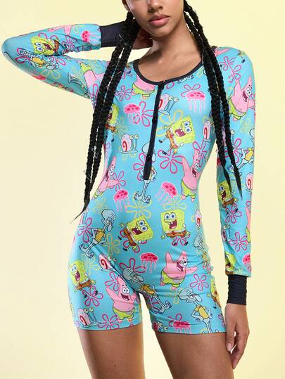 SpongeBob SquarePants | ROMWE Women's Cartoon Print Casual Daily Home Romper