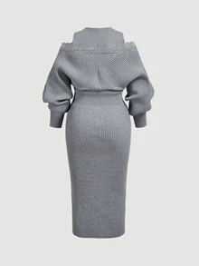 SHEIN MOD Plus Size Women's Lace Patchwork 2 In 1 Casual Daily Knit Dress - Grey - View 3