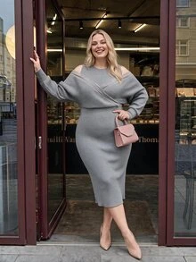 SHEIN MOD Plus Size Women's Lace Patchwork 2 In 1 Casual Daily Knit Dress - Grey - View 4