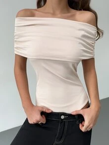 RiviMae 女款優雅露肩連身衣，夏季夜生活杏色百褶羅紋，純色時尚款 - 杏色 - 查看 7