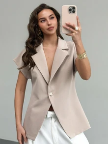RiviMae Solid Color Minimalist Casual Versatile Women Blazer - Khaki - View 9