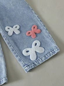 SHEIN 女童休閒牛仔吊帶褲 可愛蝴蝶結裝飾 寬腿牛仔連身褲 秋冬穿搭 聖誕派對節日禮物服飾 - 藍色 - 查看 7