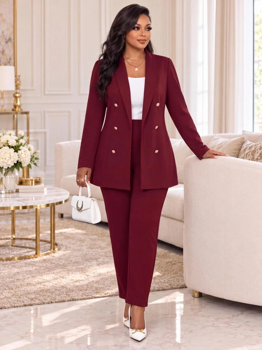 SHEIN Lady Plus Size Fall Elegant Casual Commuting Office Business Formal Birthday Evening Burgundy Knitted Stand Collar Button Long Red Christmas New Year - Burgundy - View 1