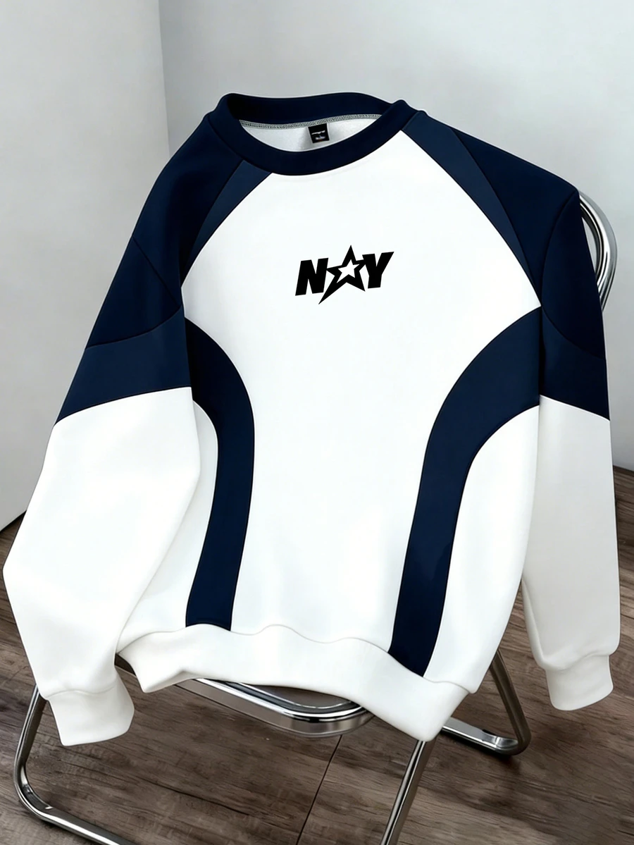 Limitiso Men's Casual Color Block Print Pullover Sweatshirt, Spring Edition - White - View 1