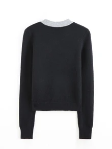 Elamini Women's Loose Casual Colorblock Collar Daily Commute Cute Outfit Autumn Winter Pullover Sweater - Black - View 2