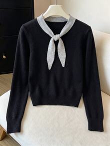 Elamini Women's Loose Casual Colorblock Collar Daily Commute Cute Outfit Autumn Winter Pullover Sweater - Black - View 1