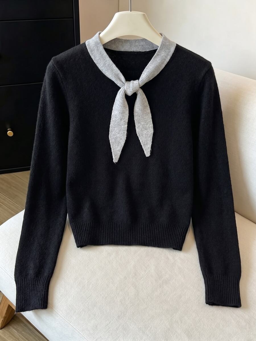 Elamini Women's Loose Casual Colorblock Collar Daily Commute Cute Outfit Autumn Winter Pullover Sweater - Black - View 1
