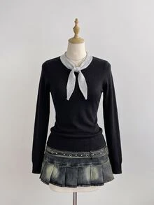 Elamini Women's Loose Casual Colorblock Collar Daily Commute Cute Outfit Autumn Winter Pullover Sweater - Black - View 7