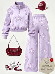 Girls' 2 Pieces Sweatshirt Set, Soft Taro Purple, Floral All-Over Print, Half-Zip Stand Collar Short Sweatshirt, Loose Casual Sporty Style, Sweet Floral Pattern, Student Daily Wear, Versatile Casual Outfit With Straight Leg Sweatpants, Autumn/Winter - Multicolor - View 4