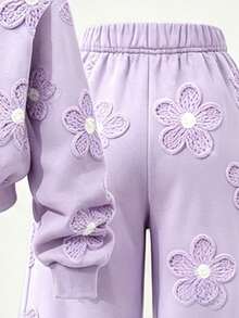 Girls' 2 Pieces Sweatshirt Set, Soft Taro Purple, Floral All-Over Print, Half-Zip Stand Collar Short Sweatshirt, Loose Casual Sporty Style, Sweet Floral Pattern, Student Daily Wear, Versatile Casual Outfit With Straight Leg Sweatpants, Autumn/Winter - Multicolor - View 7