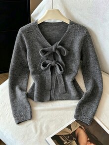 Mori Grove Mori Grove Women's Autumn/Winter Lazy Fashion Elegant Versatile Daily Gathering Photo Bowknot Tie Front Cardigan - Grey - View 3