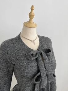 Mori Grove Mori Grove Women's Autumn/Winter Lazy Fashion Elegant Versatile Daily Gathering Photo Bowknot Tie Front Cardigan - Grey - View 1