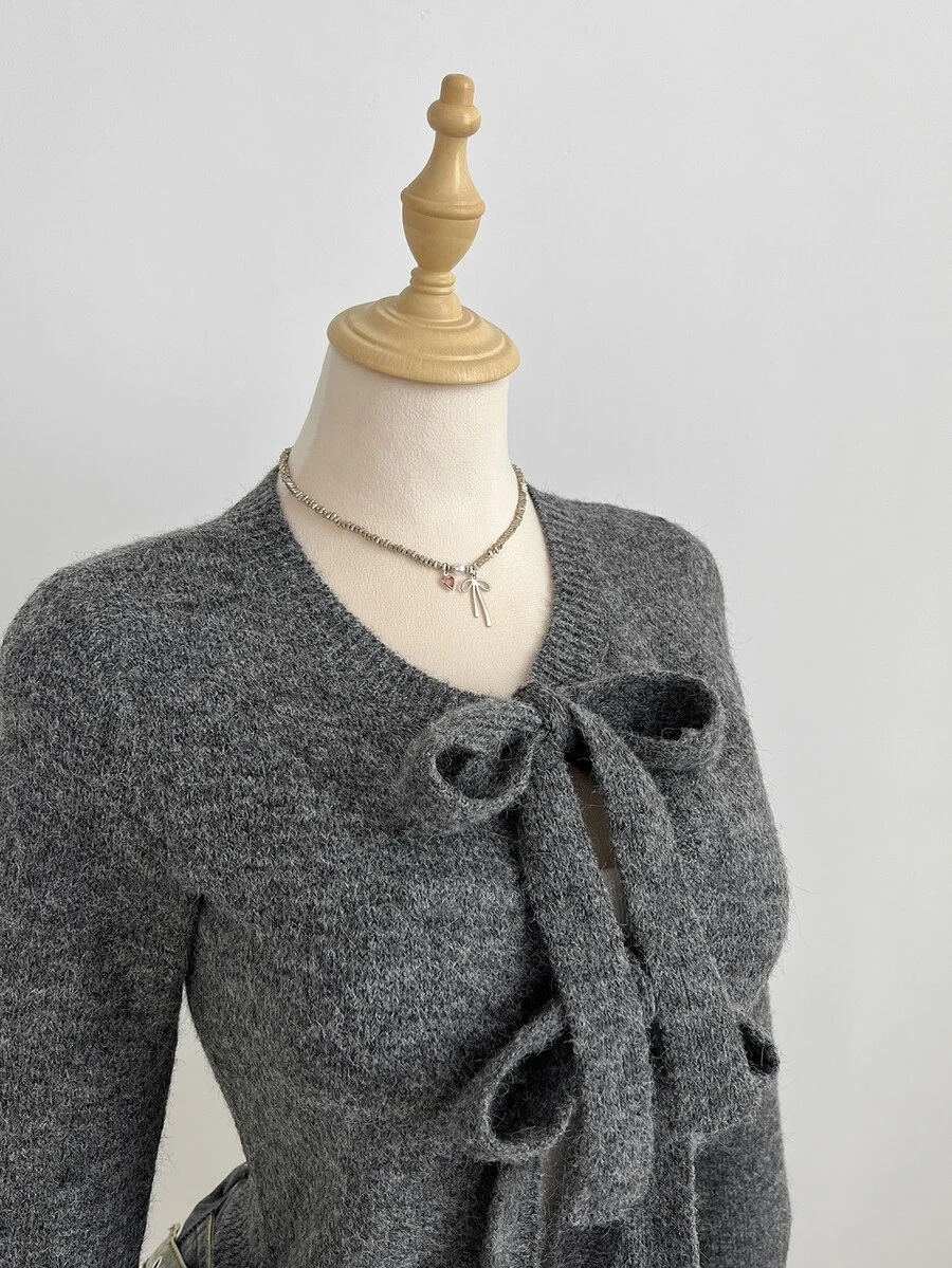 Mori Grove Mori Grove Women's Autumn/Winter Lazy Fashion Elegant Versatile Daily Gathering Photo Bowknot Tie Front Cardigan - Grey - View 1