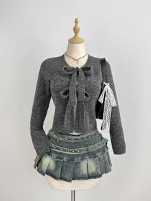 Mori Grove Mori Grove Women's Autumn/Winter Lazy Fashion Elegant Versatile Daily Gathering Photo Bowknot Tie Front Cardigan - Grey - View 4