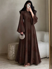 Yasmyna Deep Brown Lapel Half-Button Heavy Sequin Floral Embroidery Bell Sleeve Long Dress With Back Tie Waist Loose Fit, Suitable For Dating, Party, Holiday, New Year - View 4
