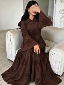 Yasmyna Deep Brown Lapel Half-Button Heavy Sequin Floral Embroidery Bell Sleeve Long Dress With Back Tie Waist Loose Fit, Suitable For Dating, Party, Holiday, New Year - View 6