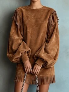 SHEIN Women's Casual Commute Round Neck Patchwork Tassel Loose Long Sleeve Daily Date Office Wear Party Dress - Brown - View 1