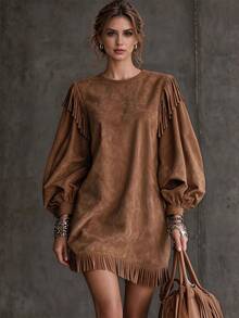 SHEIN Women's Casual Commute Round Neck Patchwork Tassel Loose Long Sleeve Daily Date Office Wear Party Dress - Brown - View 4