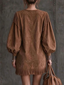 SHEIN Women's Casual Commute Round Neck Patchwork Tassel Loose Long Sleeve Daily Date Office Wear Party Dress - Brown - View 2