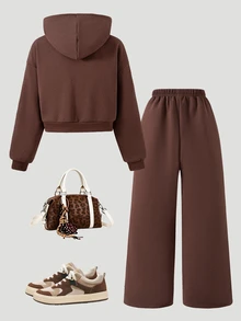 SHEIN Teen Girls Fall Outfits 2pcs/Set Casual Streetwear Contrast Trim Hooded Jacket And Wide Leg Pants Set, Autumn, Comfortable, Outfit, Daily Birthday - Brown - View 4