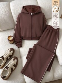 SHEIN Teen Girls Fall Outfits 2pcs/Set Casual Streetwear Contrast Trim Hooded Jacket And Wide Leg Pants Set, Autumn, Comfortable, Outfit, Daily Birthday - Brown - View 3