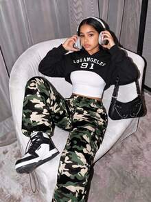 SHEIN 青少年女孩秋季穿搭上衣圓領迷彩圖案衛衣吊帶背心抽繩下擺寬鬆長褲黑白色假期正式街頭風 - 黑與白 - 查看 2