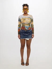 SUMWON Resort Club Tropical Scenic AOP Mesh Long Sleeve Crop Top With Crew Neck And Fitted Sleeves - Multicolor - View 1