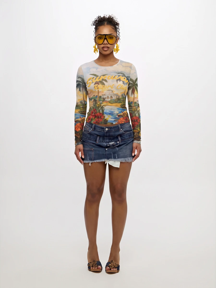 SUMWON Resort Club Tropical Scenic AOP Mesh Long Sleeve Crop Top With Crew Neck And Fitted Sleeves - Multicolor - View 1
