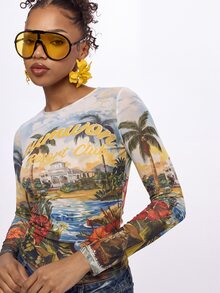 SUMWON Resort Club Tropical Scenic AOP Mesh Long Sleeve Crop Top With Crew Neck And Fitted Sleeves - Multicolor - View 3
