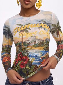 SUMWON Resort Club Tropical Scenic AOP Mesh Long Sleeve Crop Top With Crew Neck And Fitted Sleeves - Multicolor - View 2