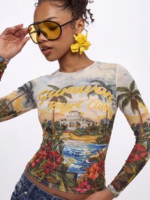 SUMWON Resort Club Tropical Scenic AOP Mesh Long Sleeve Crop Top With Crew Neck And Fitted Sleeves - Multicolor - View 7