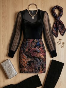 Velvienne European And American Style Mesh And Velvet Patchwork Floral Print Bodycon Dress, Vintage Evening Party Cocktail Dress, Plus Size Women's Dress Fall - Black - View 3