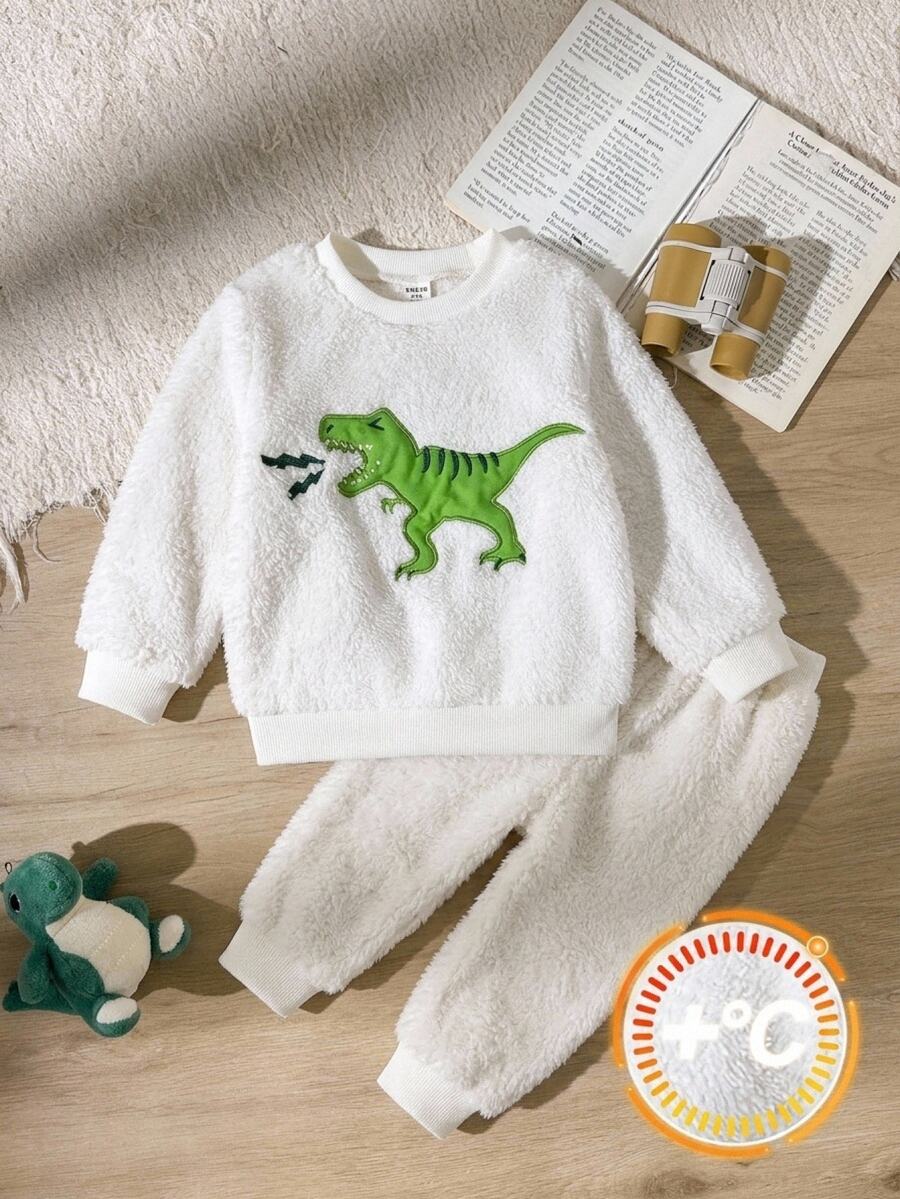 SHEIN Young Boy Cartoon Animal Pattern Knitted Soft Crew Neck Long Sleeve Pullover Sweatshirt, Fleece Lined Thickened, Little Dinosaur Sweatshirt, Suitable For Winter, Casual And Comfortable - Multicolor - View 1